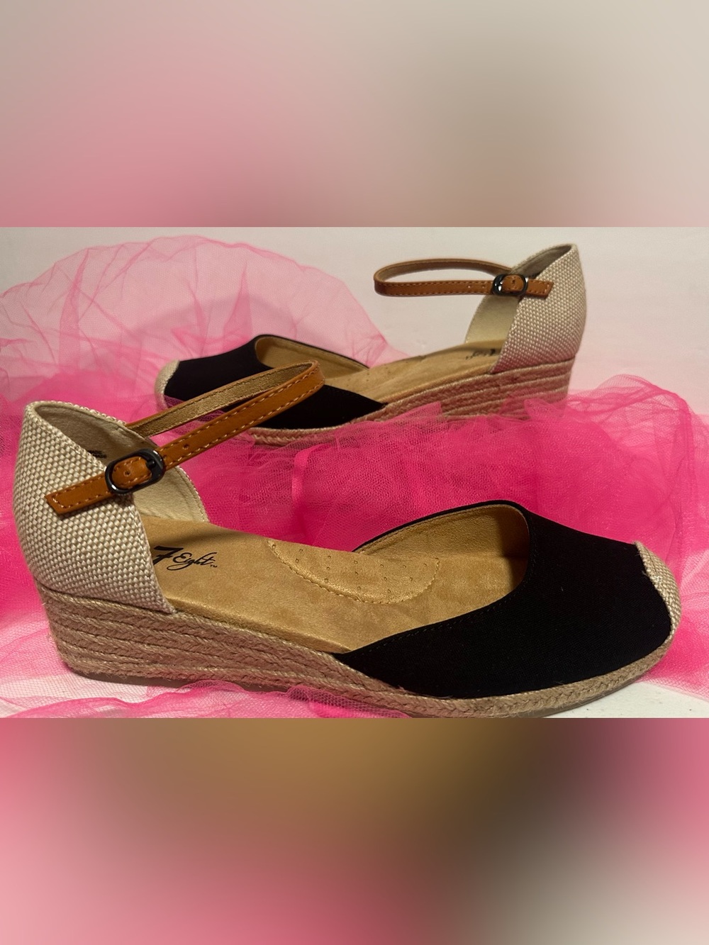 Espadrille Wedge Ankle-Strap Sandals in Black and Tan